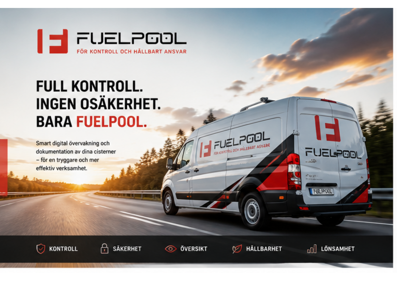 Omslag till Fuelpools broschyr med den profilerade servicebilen
